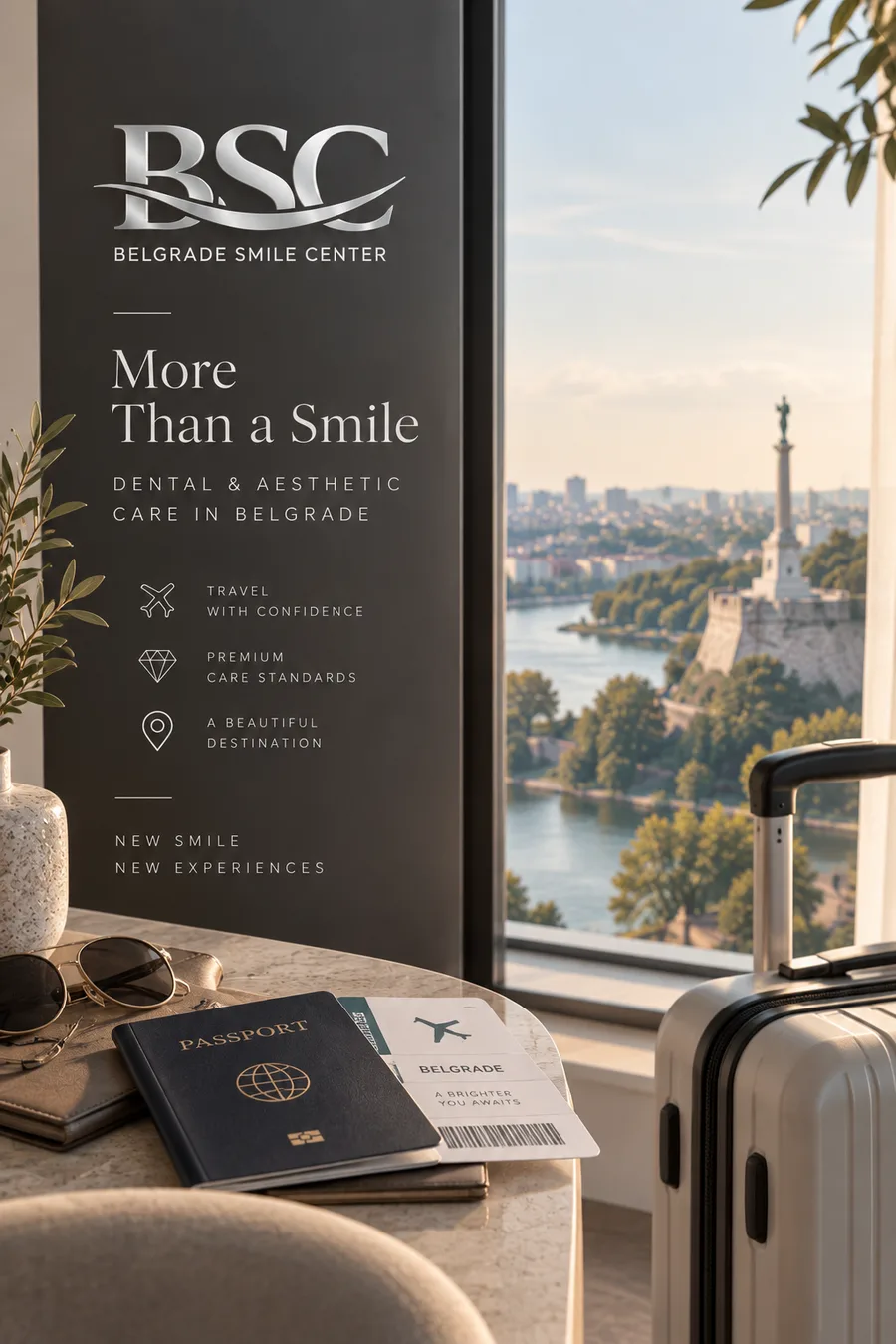 Willkommenstafel des Belgrade Smile Center in einem Hotelzimmer, auf dem Tisch ein Reisepass und eine Bordkarte nach Belgrad, im Fenster die Save und die Festung Kalemegdan.